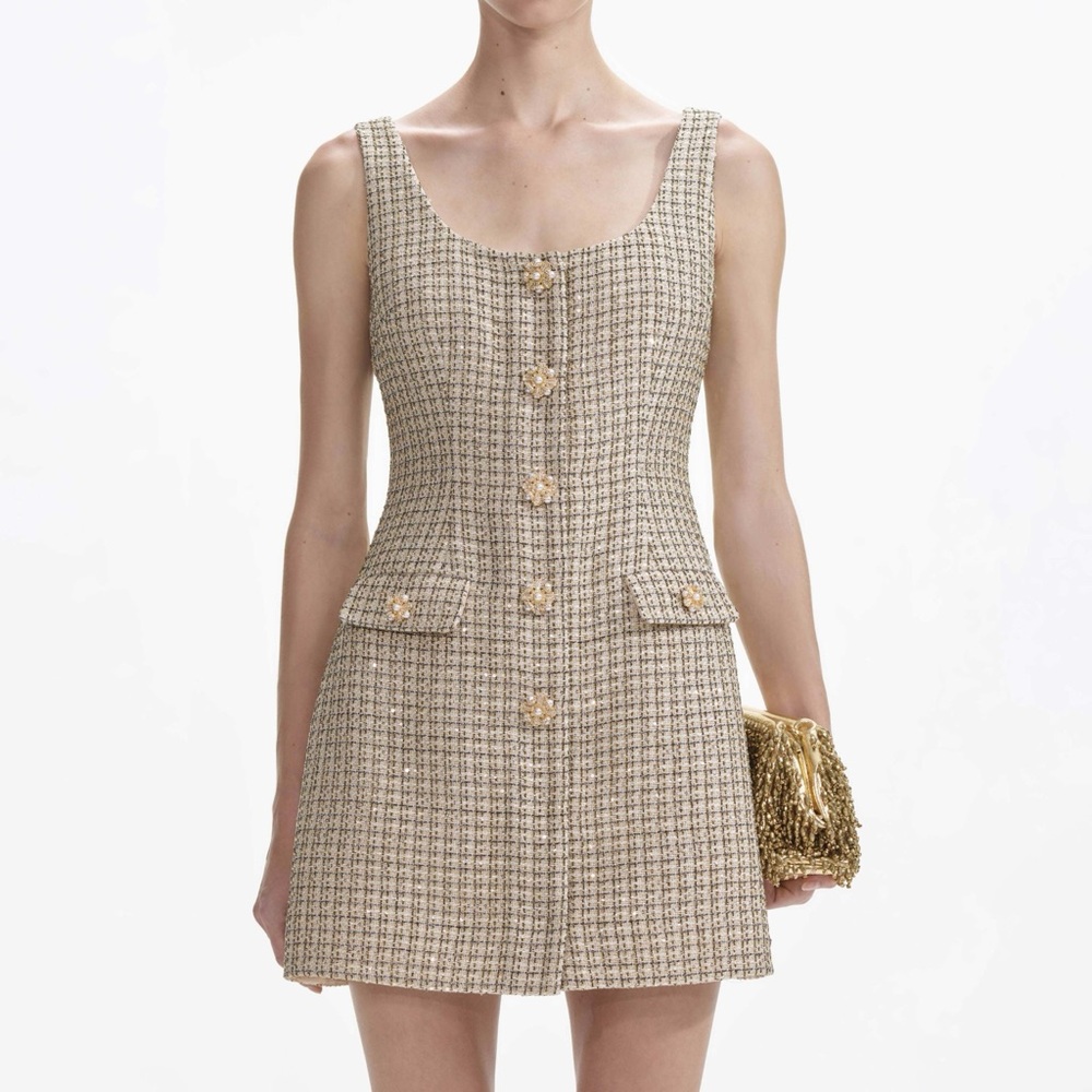 Self-Portrait Gold Boucle Tweed Metallic Sleeveless Mini Dress, Sequins, Buttons